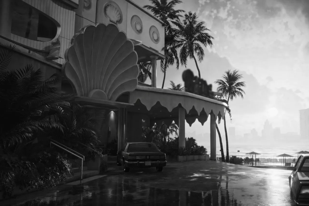 Black and white cinematic view of a kitschy beachfront hotel with shell-shaped details and morning haze