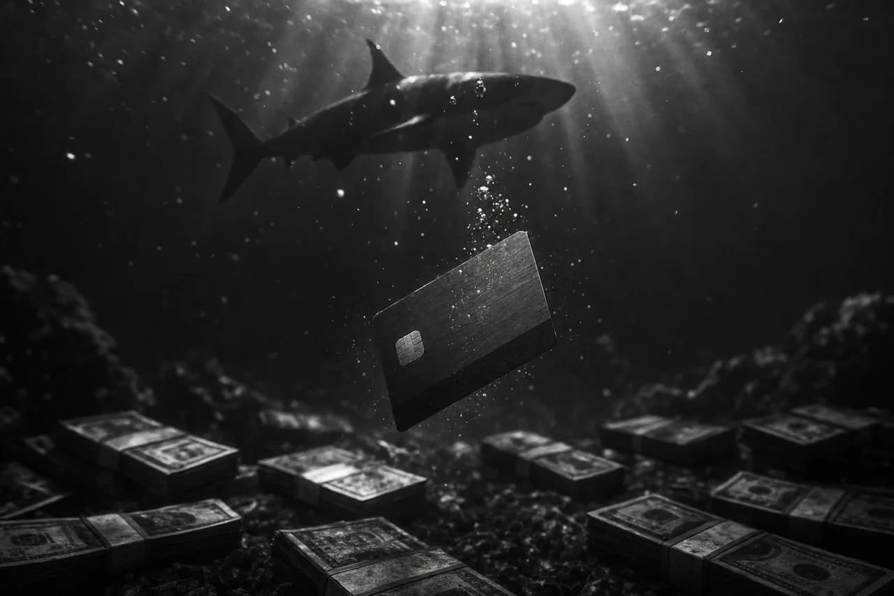 Black and white underwater scene of a shark circling above sunken cash stacks and a prepaid card sinking through dark water