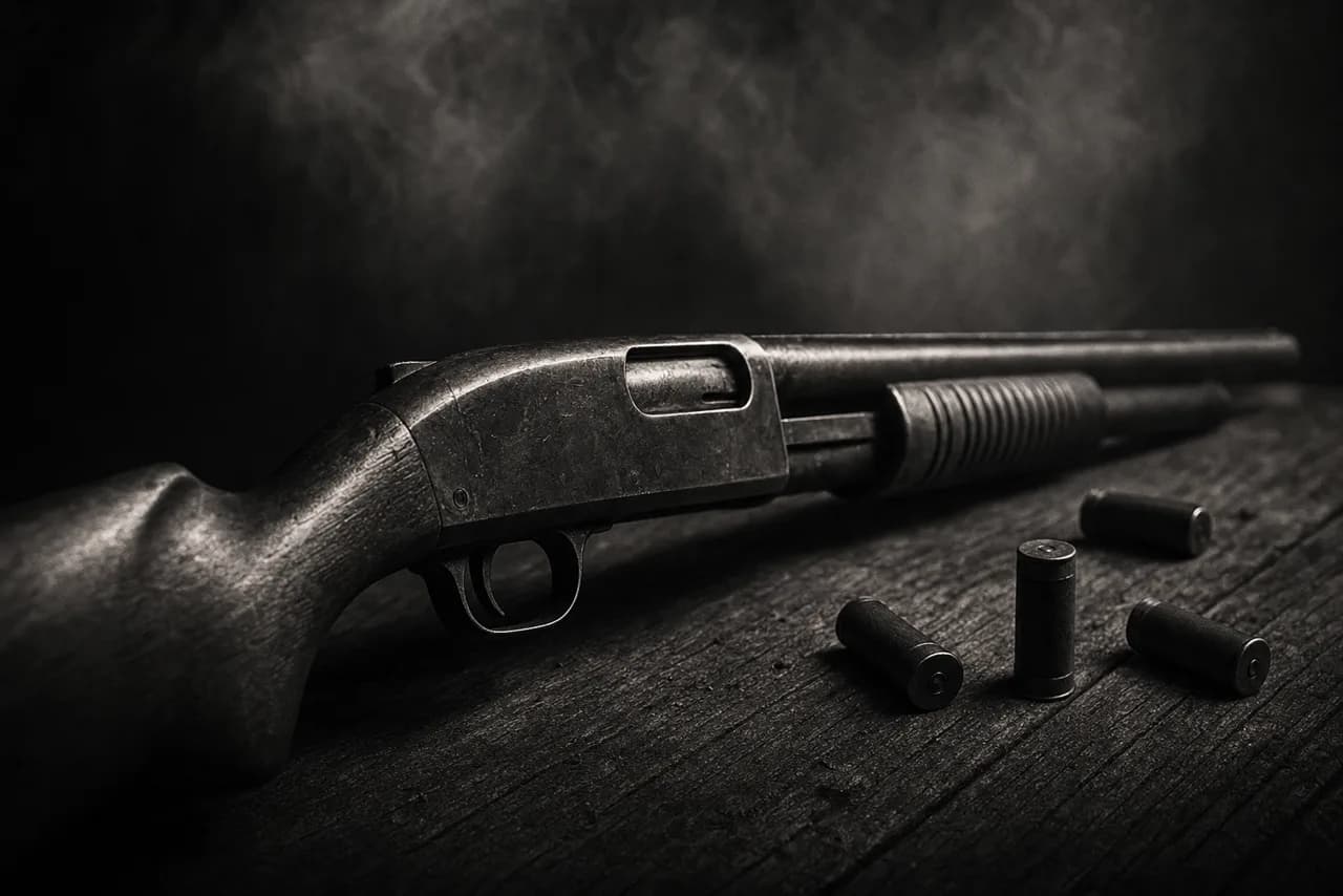 A weathered pump-action shotgun resting on dark wood with loose shotgun shells beside it under dramatic side light.