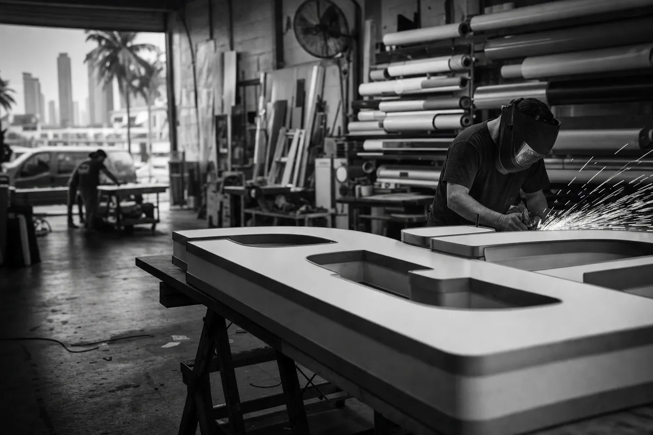 Black and white cinematic view of a sign workshop with a blank channel-letter sign on trestles and cutting sparks