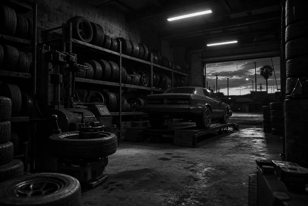 Black and white neighbourhood tire and wheel shop at dusk with racks of stacked tires, a tire-mounting machine and a car on a low lift