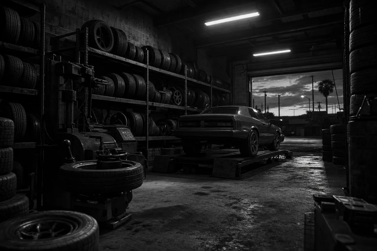 Black and white neighbourhood tire and wheel shop at dusk with racks of stacked tires, a tire-mounting machine and a car on a low lift