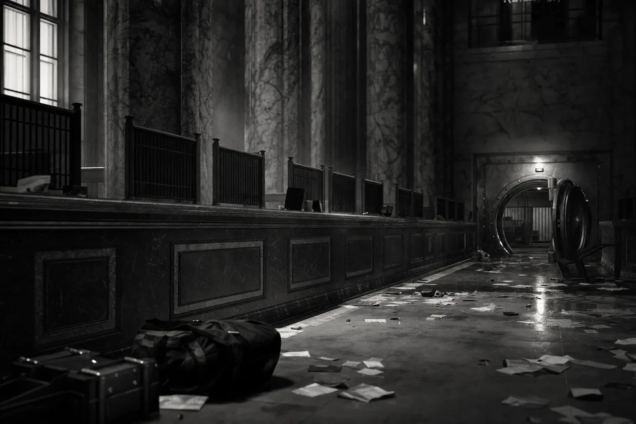 Black and white grand bank interior with marble columns, a long teller counter, scattered papers and an open vault door