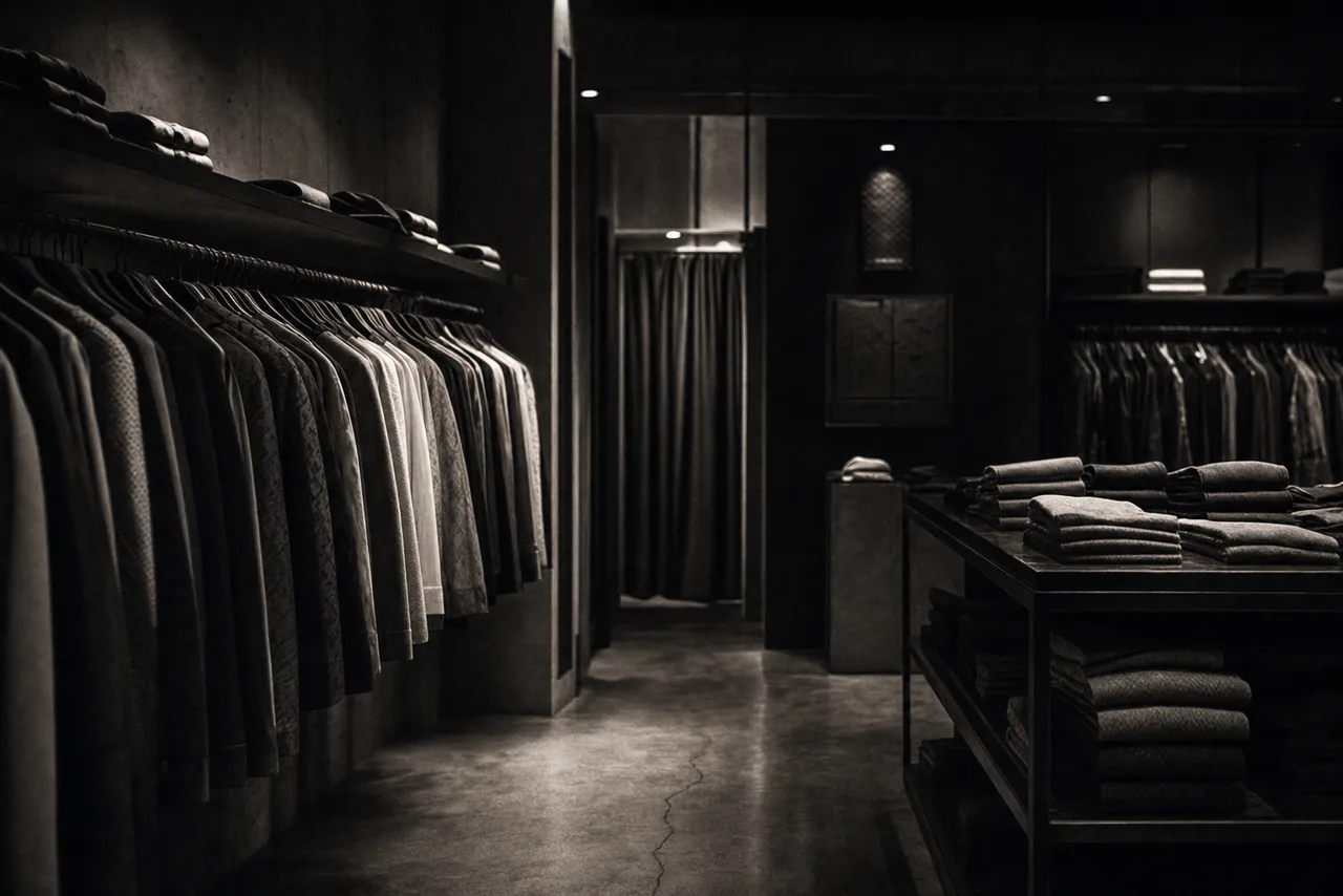 Black and white trendy fashion boutique interior with rows of clothing racks and folded garments on shelves