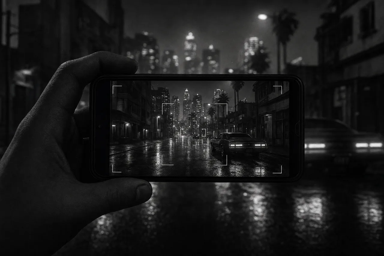 Black and white phone framing a rain slick city street through its camera viewfinder with focus brackets
