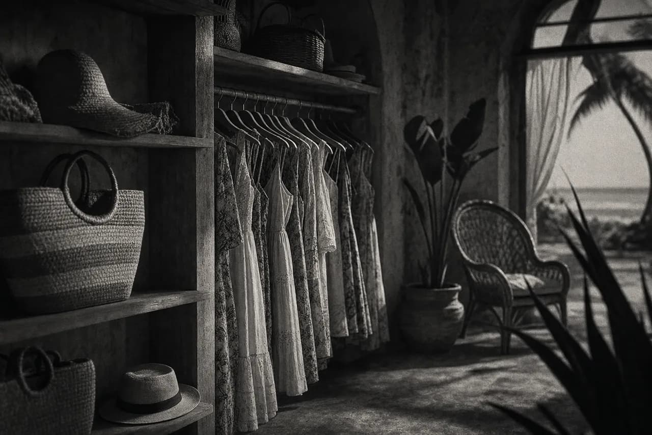 Black and white breezy coastal womens boutique with summer dresses on a rack and woven sun hats by an ocean window