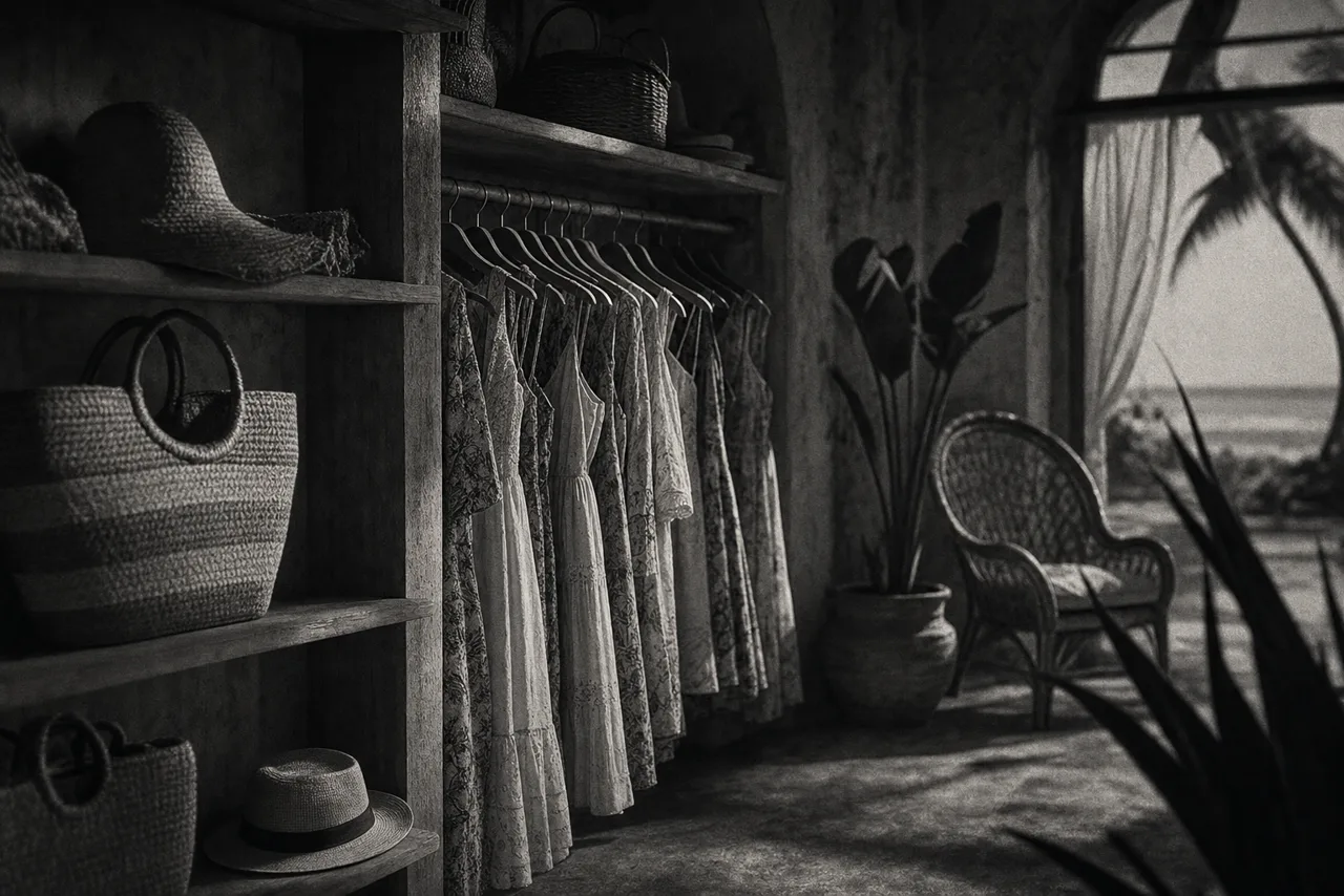 Black and white breezy coastal womens boutique with summer dresses on a rack and woven sun hats by an ocean window