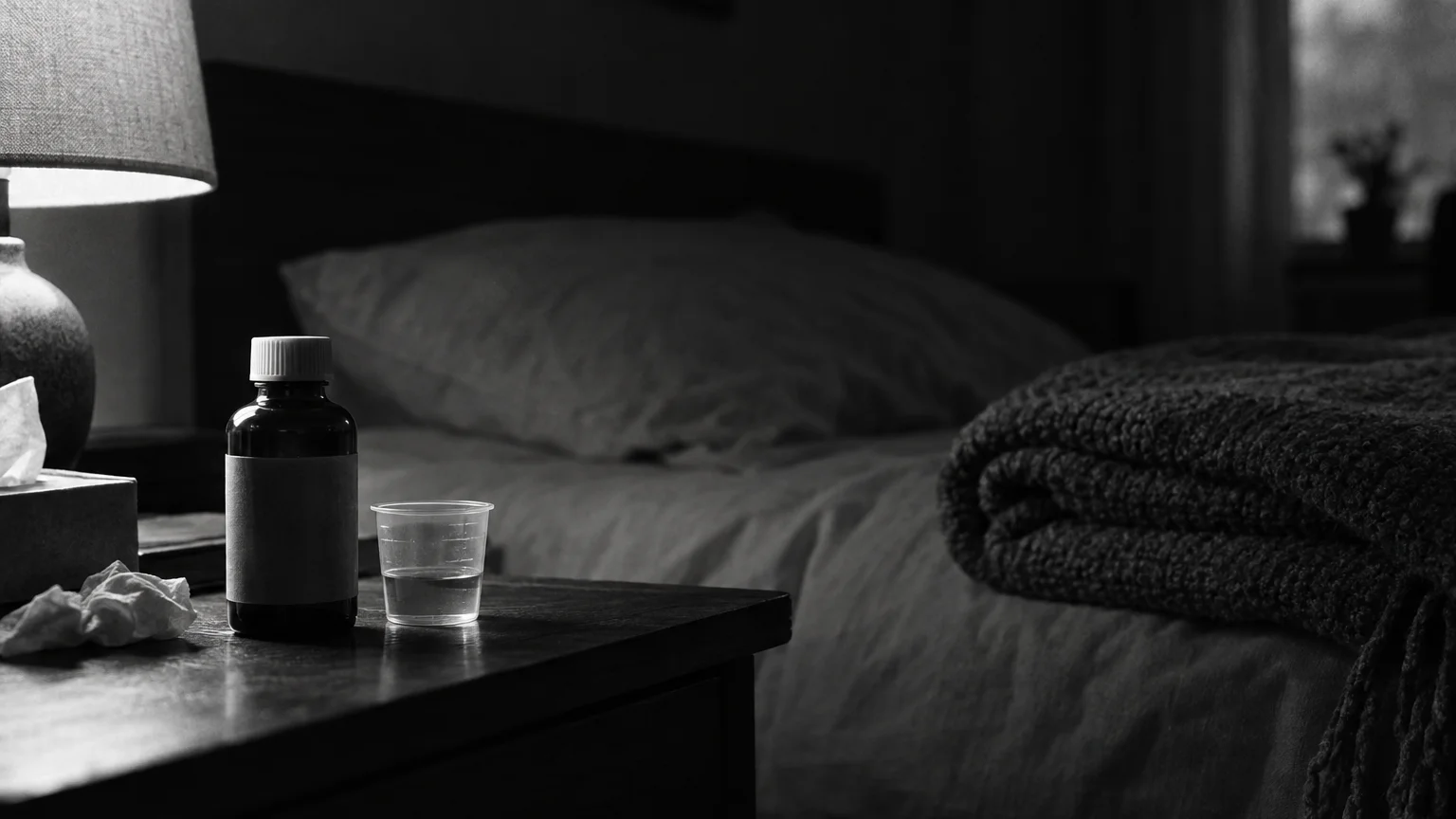 Black and white cinematic photograph of a medicine bottle and small measuring cup on a bedside table with a folded blanket