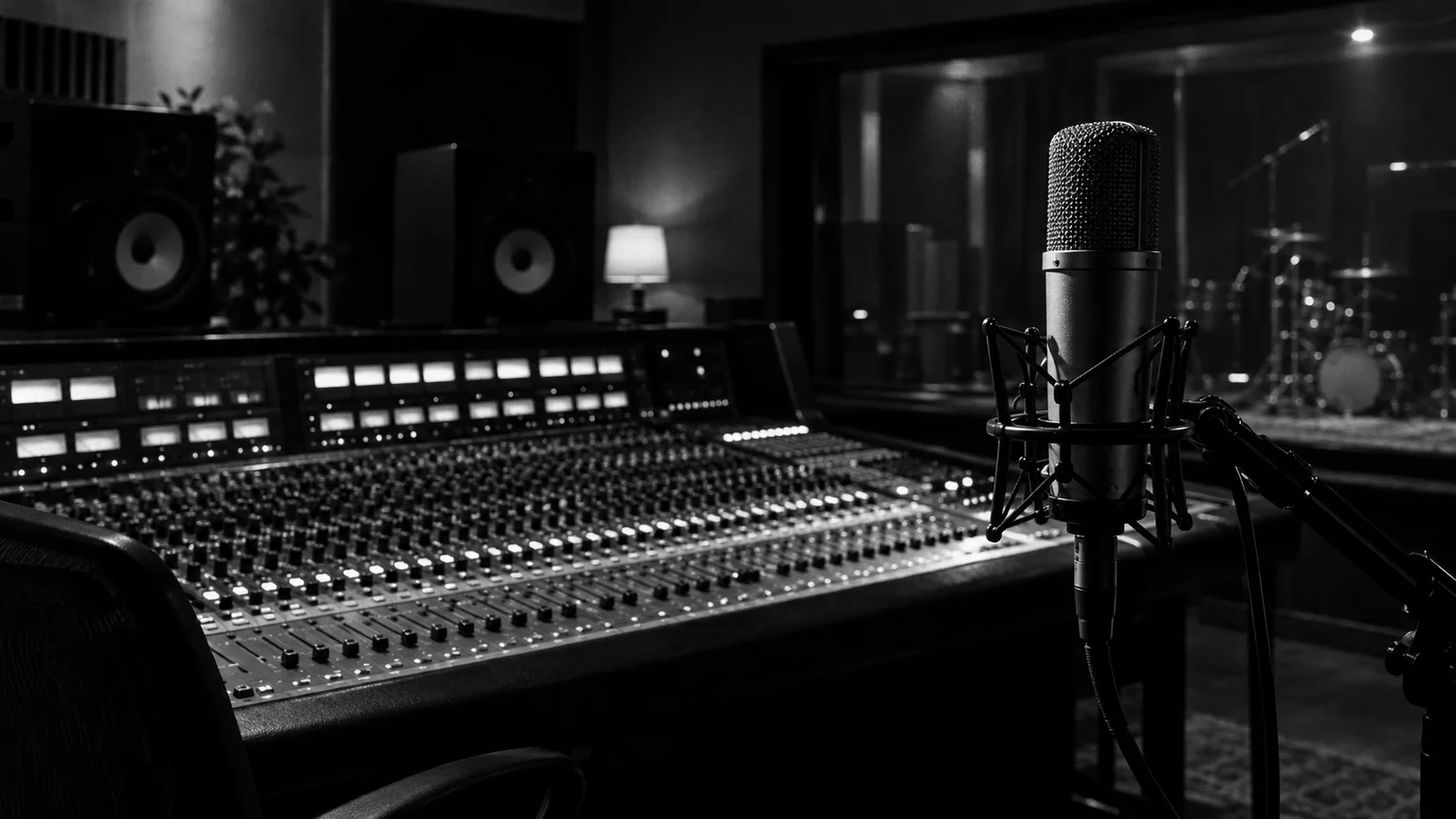Black and white cinematic photograph of a mixing desk in a dim studio with a microphone in the foreground