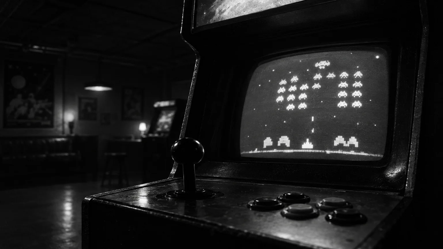 Black and white cinematic photograph of an arcade cabinet glowing in a dark room, joystick in the foreground