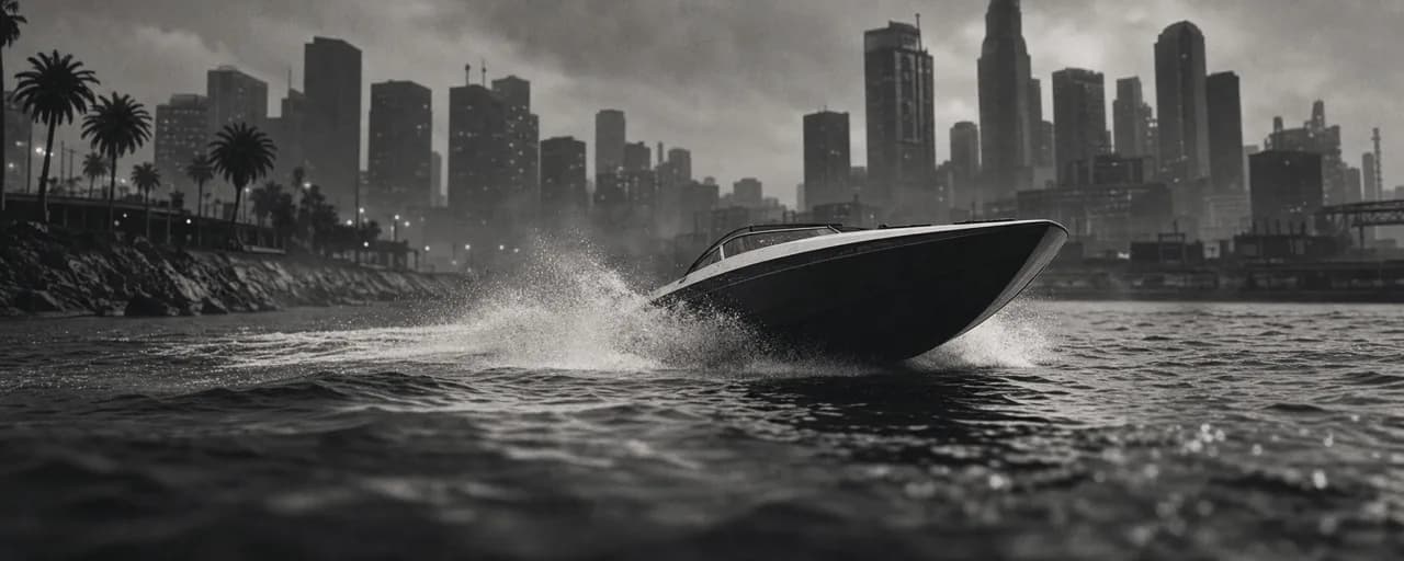 Black and white cinematic concept image of a sleek powerboat cutting across dark choppy water with spray rising