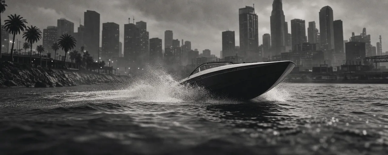 Black and white cinematic concept image of a sleek powerboat cutting across dark choppy water with spray rising