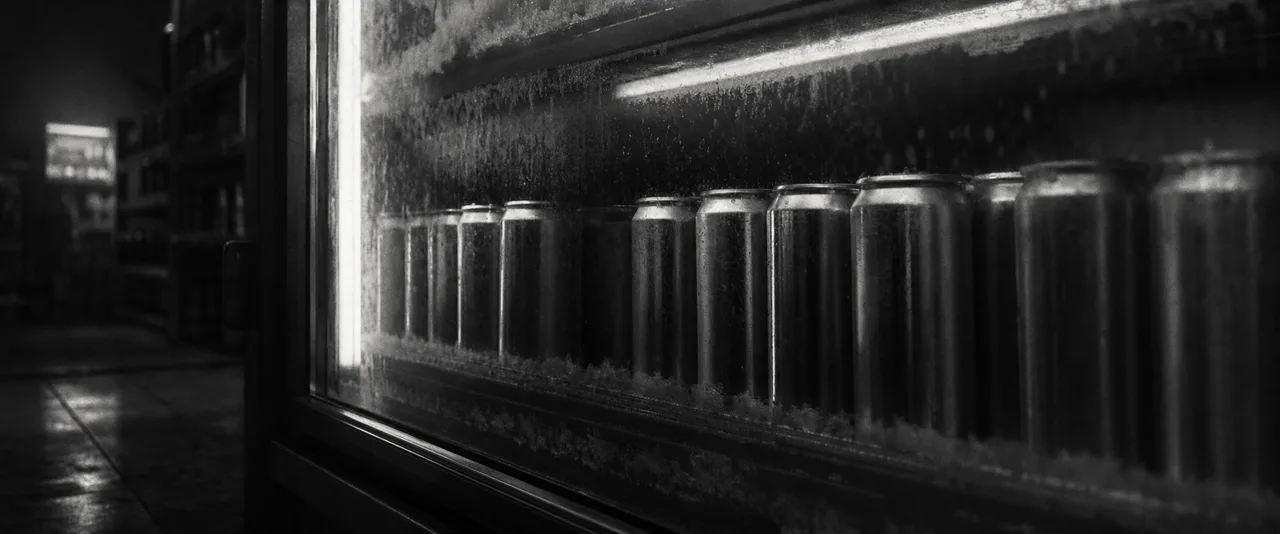 Black and white cinematic close-up of a row of soda cans inside a frosted refrigerated cooler