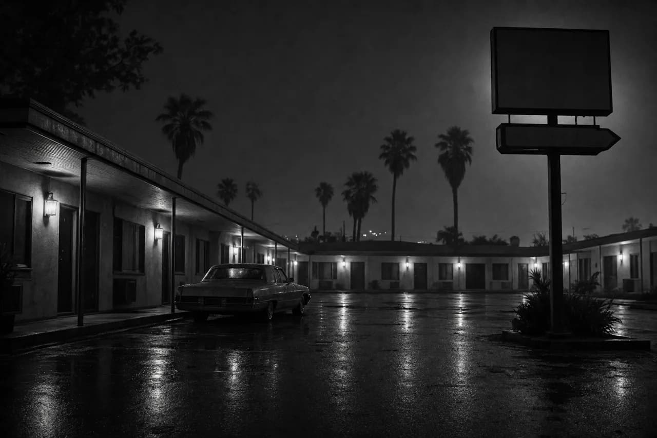 Black and white run-down budget motor lodge at night with numbered room doors along a covered walkway, a lone parked car and a wet reflective parking lot