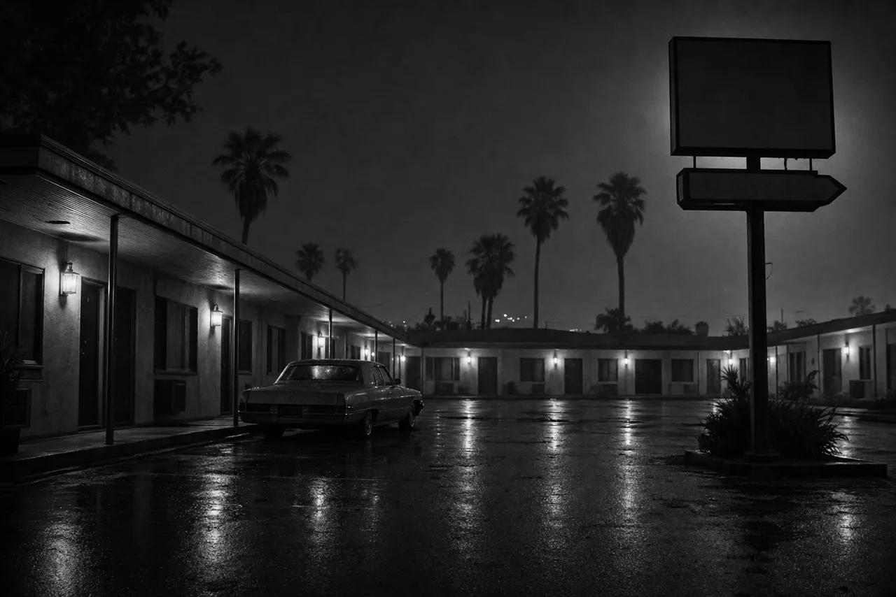 Black and white run-down budget motor lodge at night with numbered room doors along a covered walkway, a lone parked car and a wet reflective parking lot