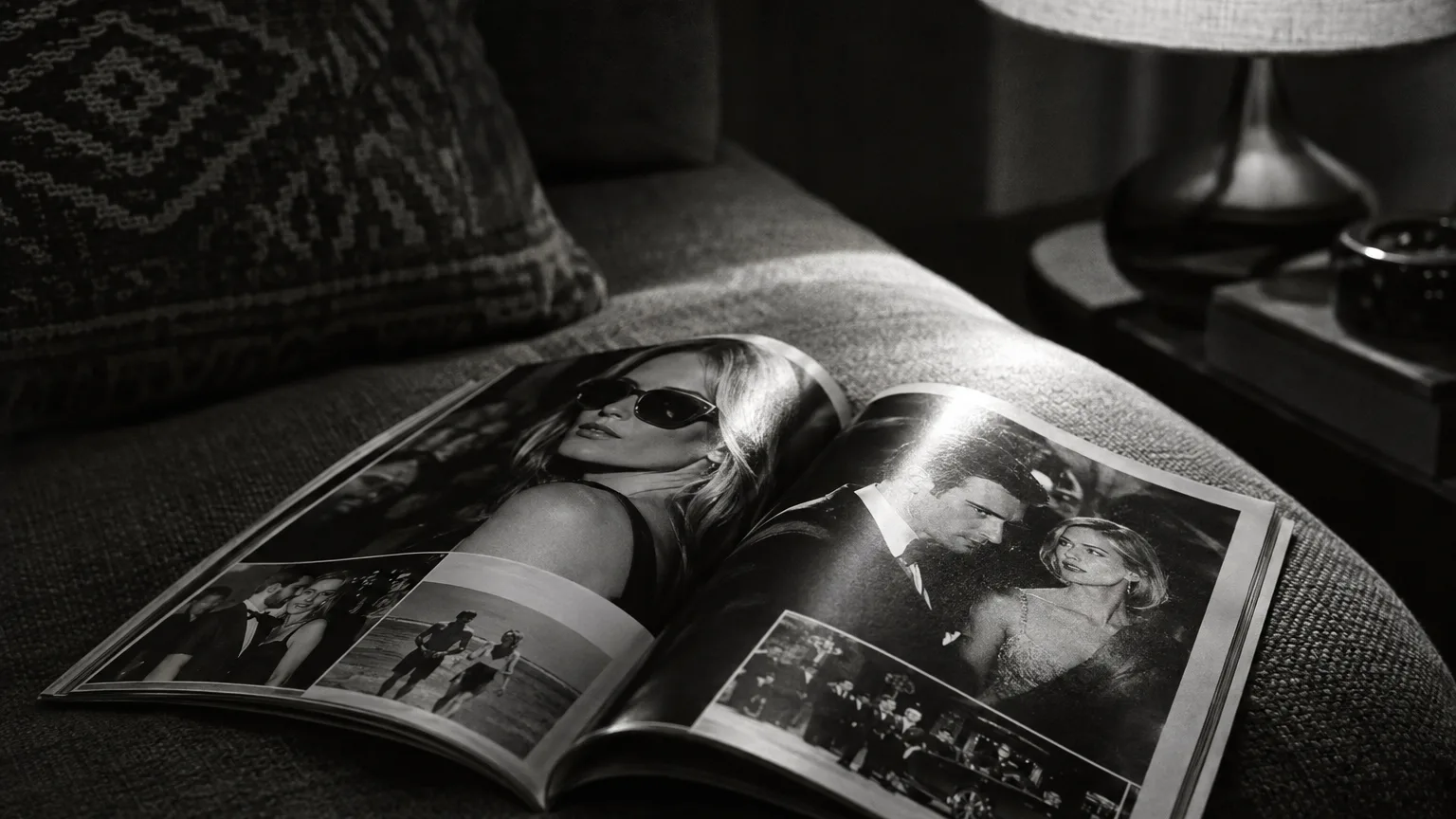 Black and white cinematic close-up of a glossy gossip magazine lying open on a sofa cushion
