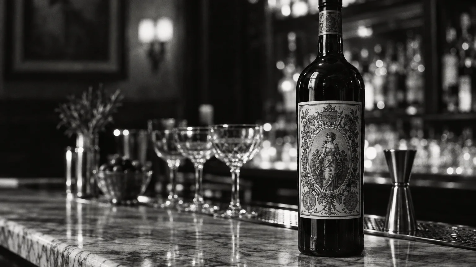 Black and white shot of a vermouth bottle with an ornate vintage label, standing on a marble bar top