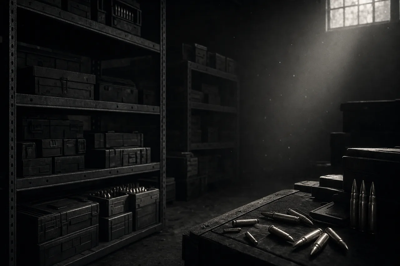 A dim ammunition stockroom with stacked ammo crates on steel shelving and loose brass rounds catching light.