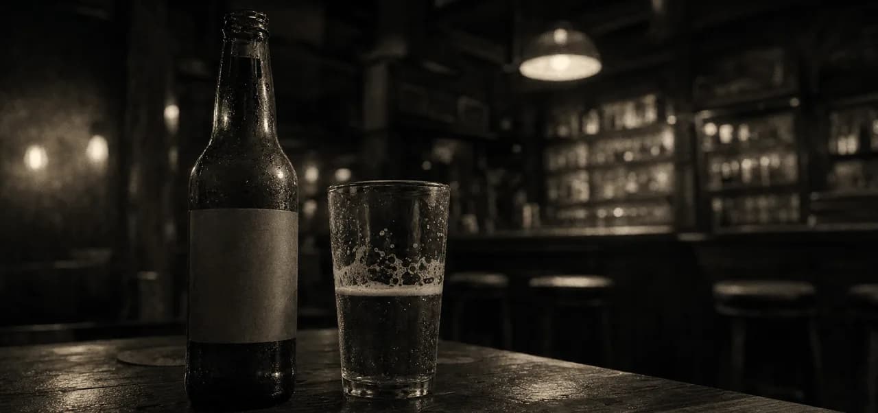 Black and white cinematic close-up of a tall European beer bottle beside a pint glass on a dim pub table