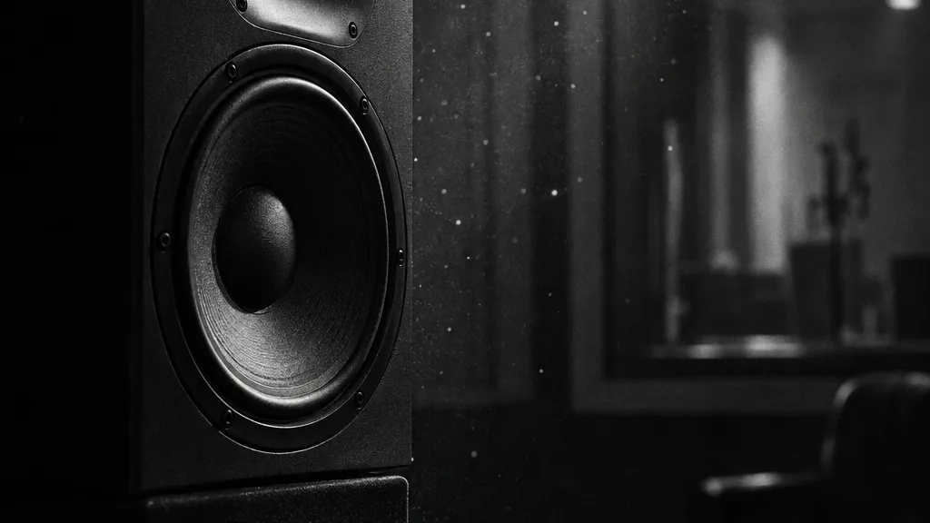 Black and white cinematic image of a large studio monitor speaker in a recording booth, brand badge in focus