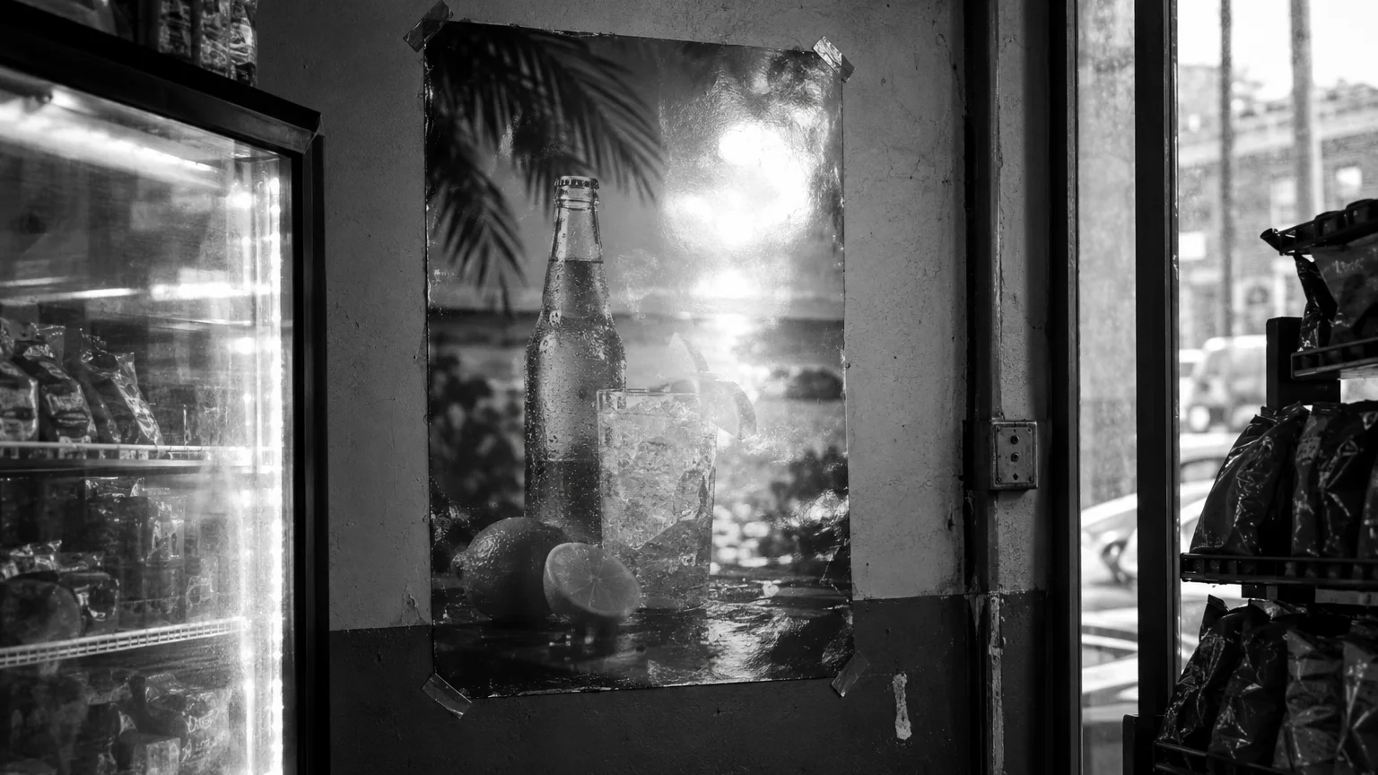 Black and white shot of a faded promotional poster on a bodega wall near a freezer, details soft with glare