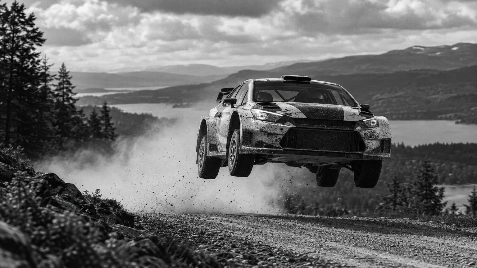 Black and white cinematic photograph of a rally car mid jump on a gravel stage, dust trailing behind