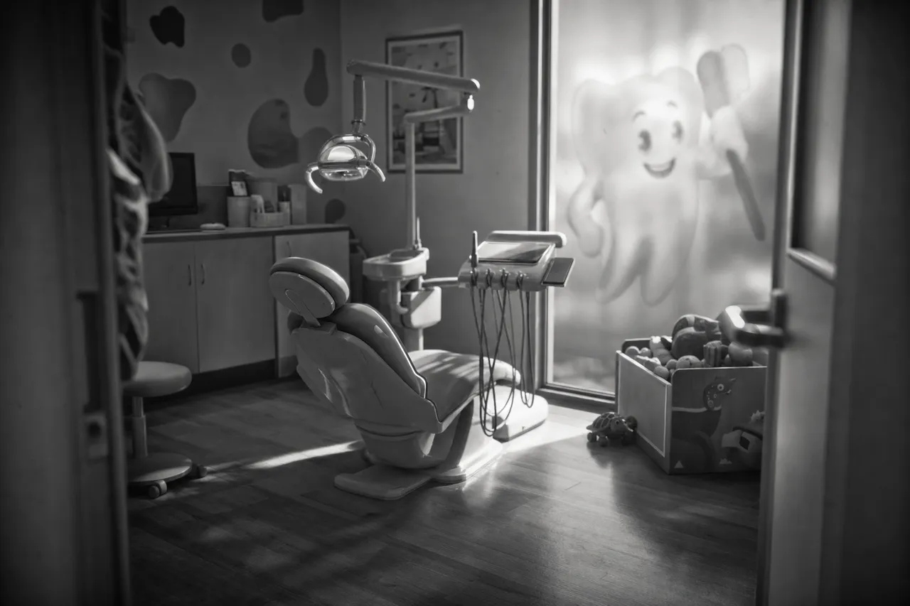 Black and white cinematic view of a pediatric dental clinic with a child-sized chair and a toy box