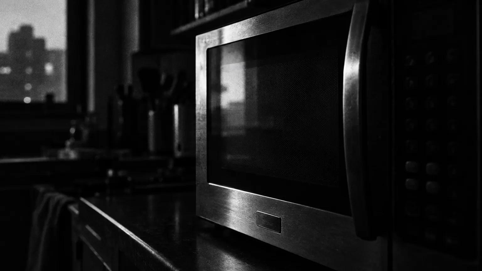 Black and white cinematic close-up of a microwave oven in a dim apartment kitchen, its brand plate catching the light
