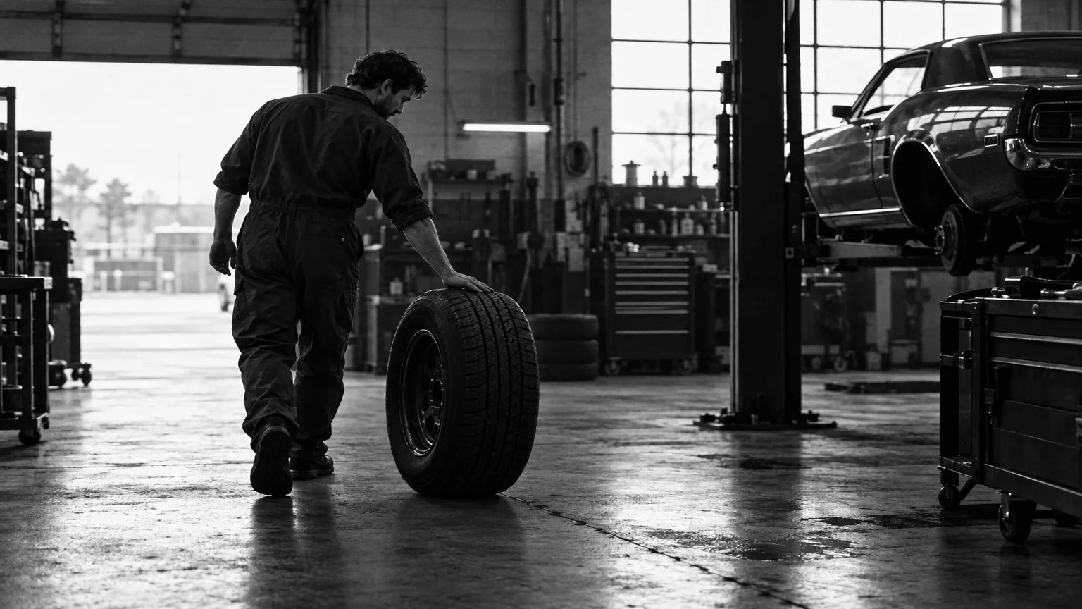 Black and white cinematic photograph of a mechanic rolling a tyre across a garage floor