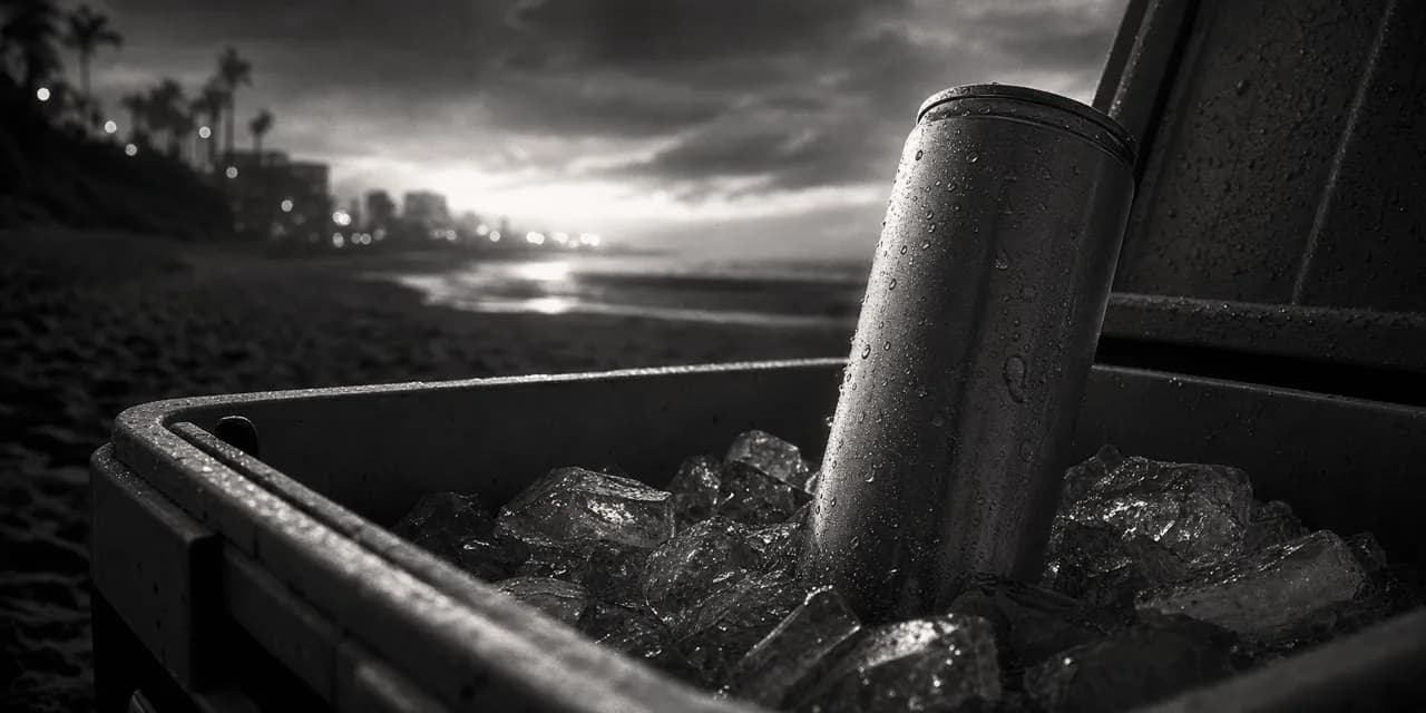 Black and white cinematic close-up of a slim hard seltzer can chilling in melting ice in a beach cooler at dusk