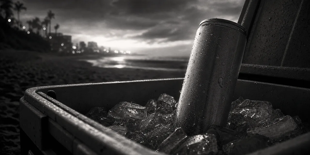 Black and white cinematic close-up of a slim hard seltzer can chilling in melting ice in a beach cooler at dusk