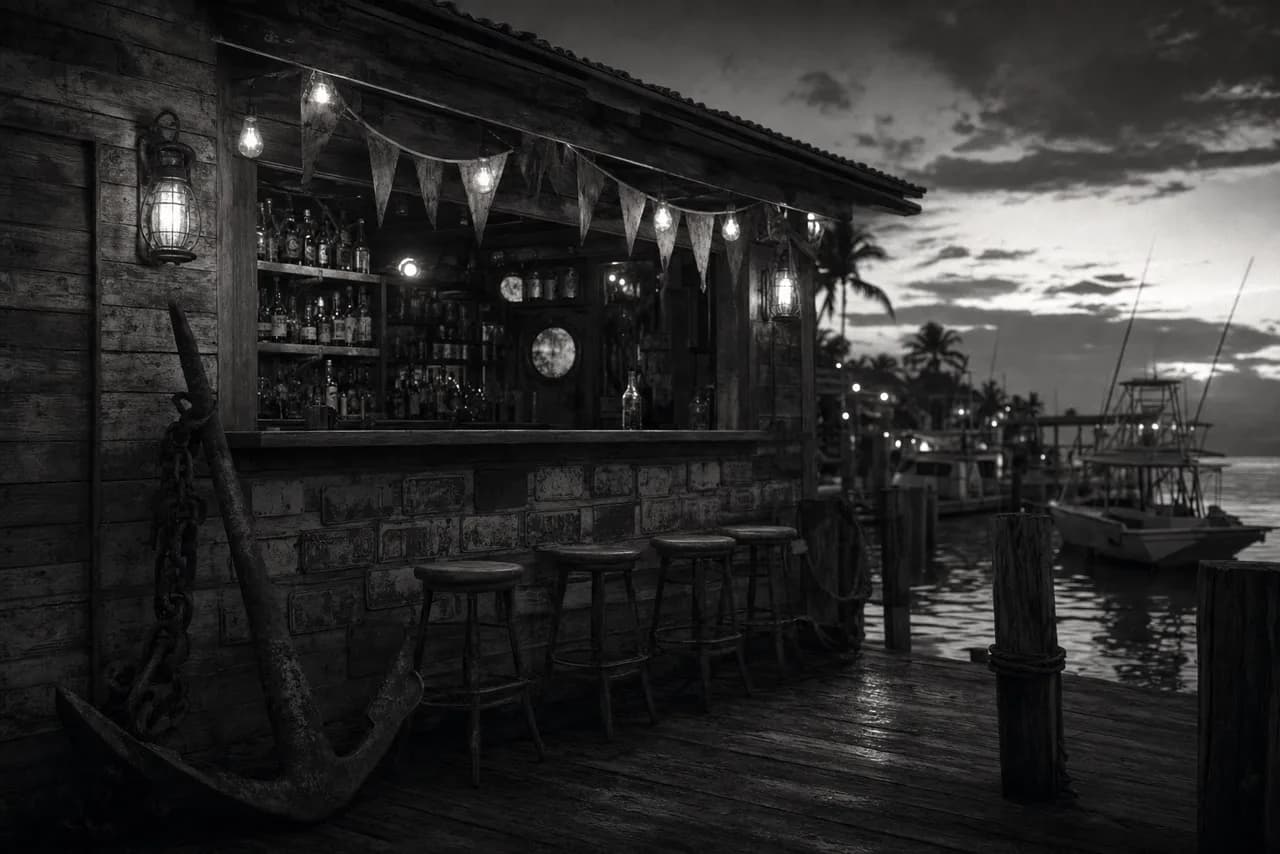 Black and white waterfront dive bar at dusk with pennant banners, string lights, a rusty anchor by the door and moored boats behind