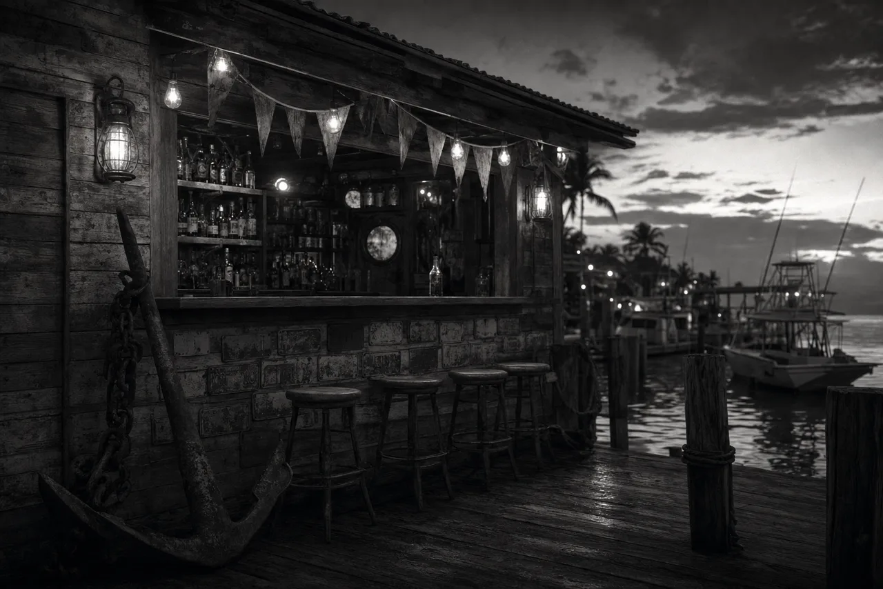Black and white waterfront dive bar at dusk with pennant banners, string lights, a rusty anchor by the door and moored boats behind