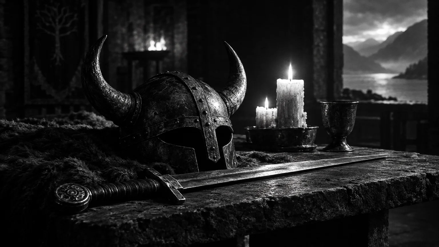 Black and white cinematic photograph of a sword and horned helmet resting on a stone table by candlelight