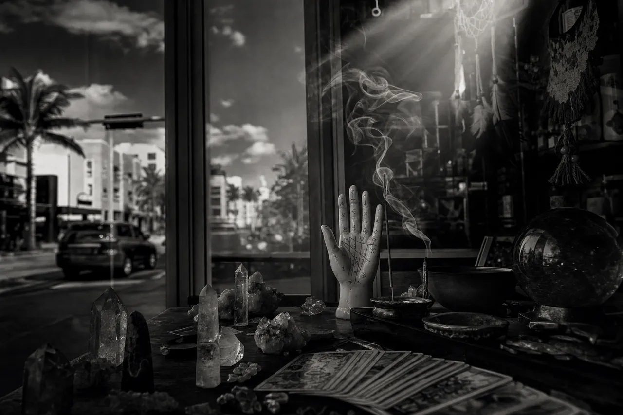 Black and white cinematic view of a new age shop window with crystals, fanned tarot cards and curling incense smoke