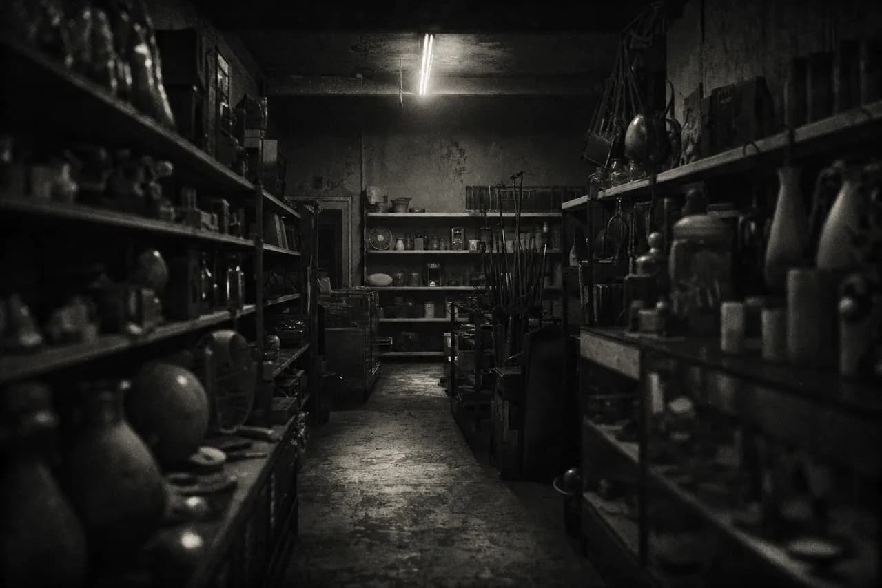 Black and white cluttered general variety store with crammed shelves and a single flickering overhead light