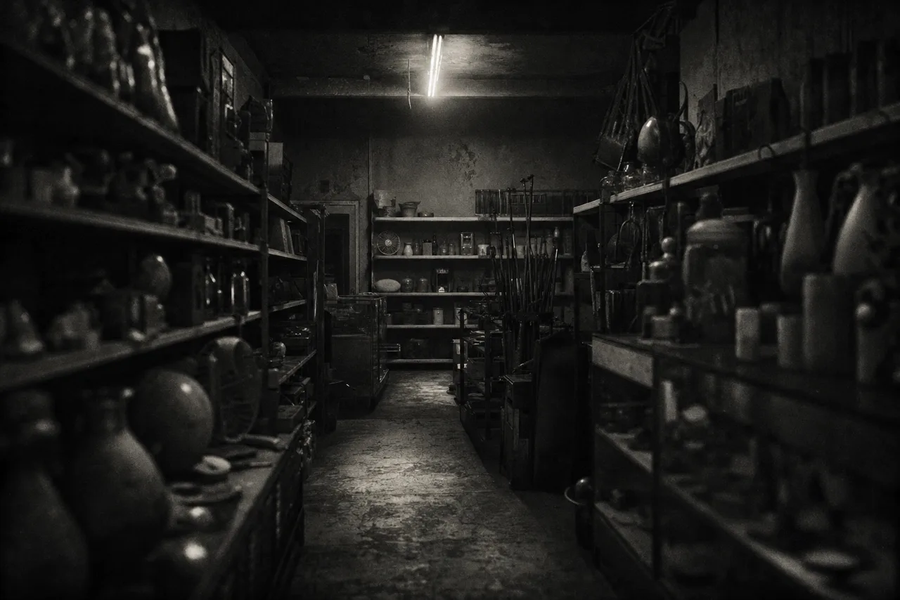 Black and white cluttered general variety store with crammed shelves and a single flickering overhead light