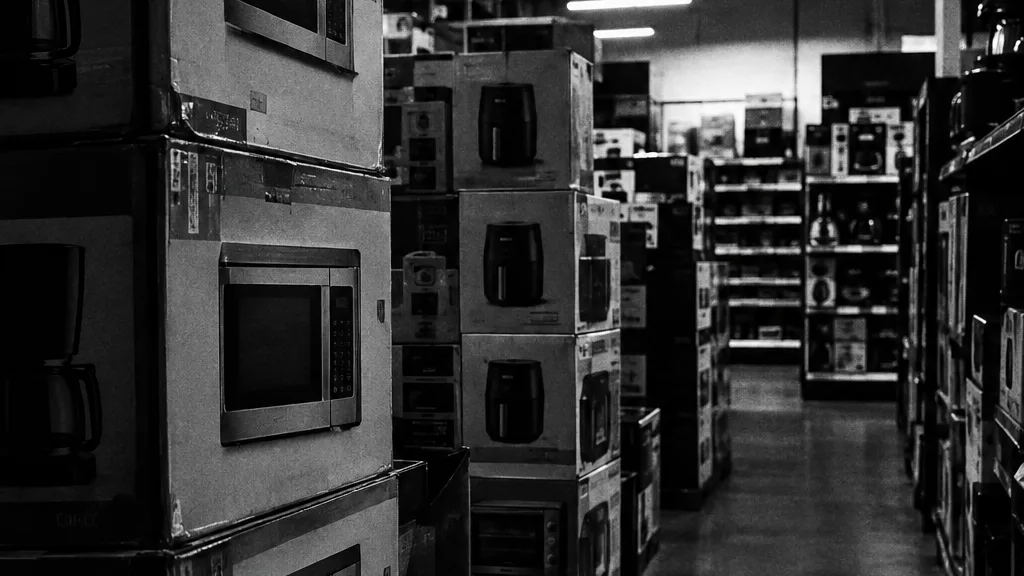 Black and white cinematic view of stacked boxed appliances in a discount electronics store aisle