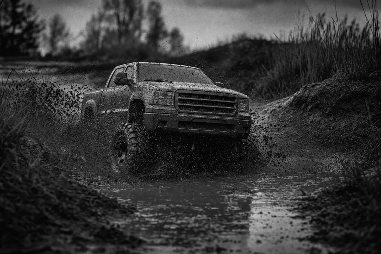 Black and white lifted pickup truck blasting through a muddy backwoods water pit with mud spraying high
