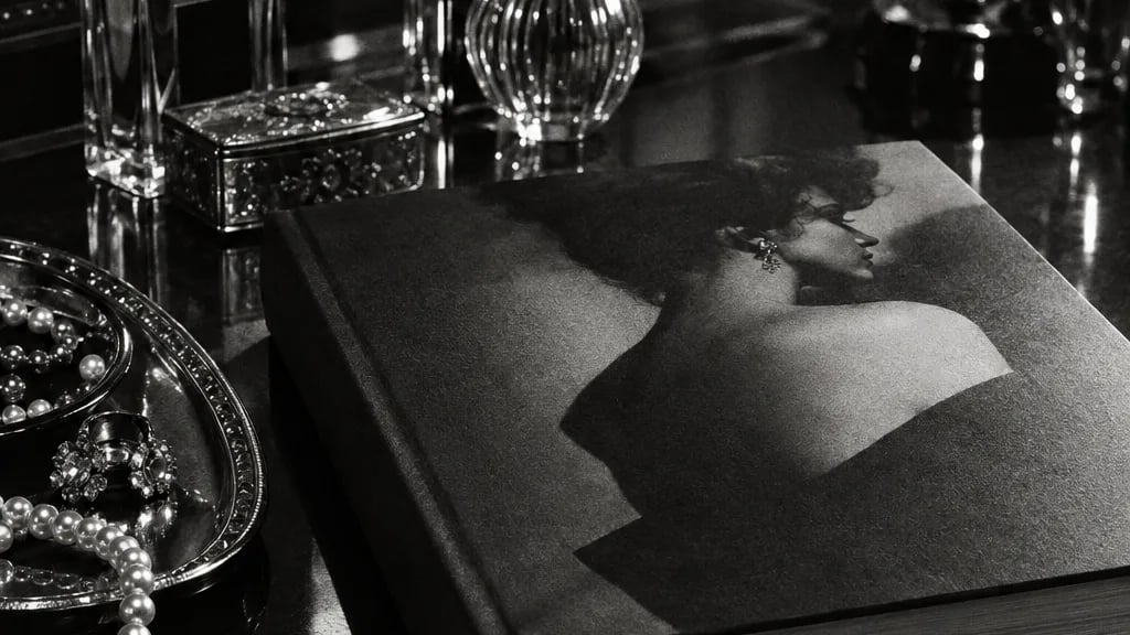 Black and white cinematic photograph of a heavy designer monograph lying on a dressing table beside jewellery