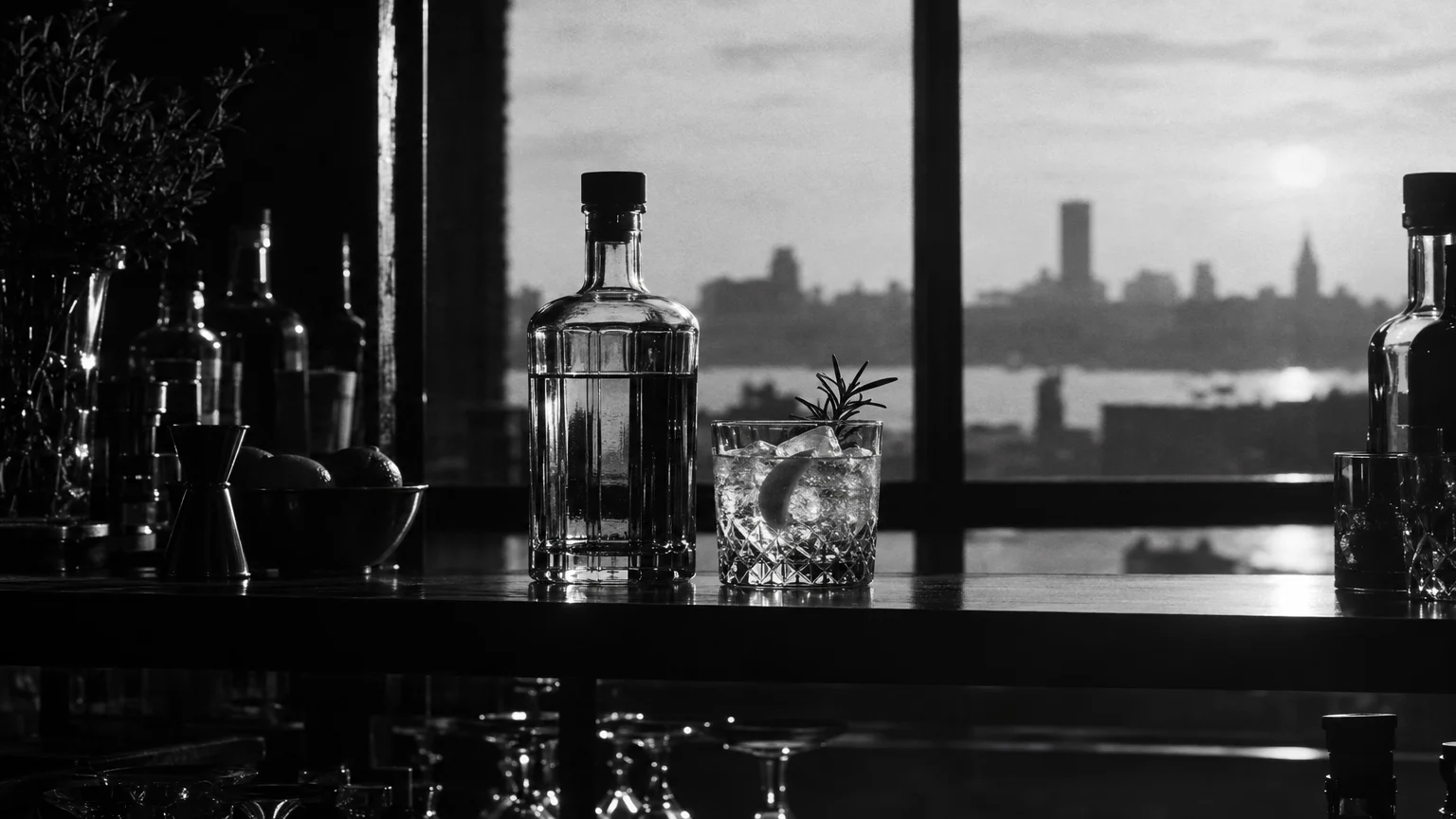 Black and white cinematic photograph of a gin bottle and glass on a bar shelf backlit by a window
