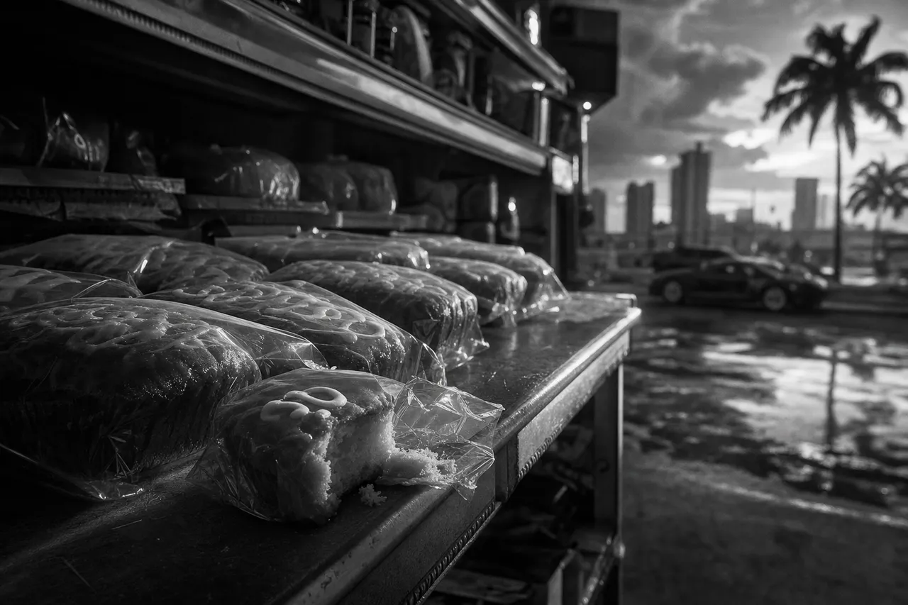 Black and white cinematic close-up of cellophane-wrapped snack cakes on a shelf with one packet torn open