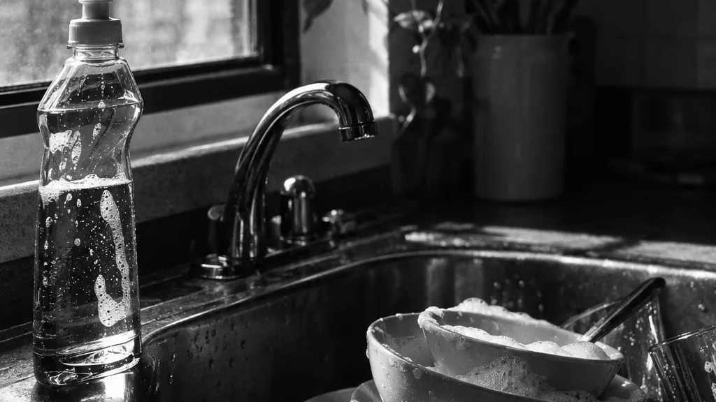 Black and white cinematic close-up of a dish soap bottle beside a stacked sink in a small kitchen