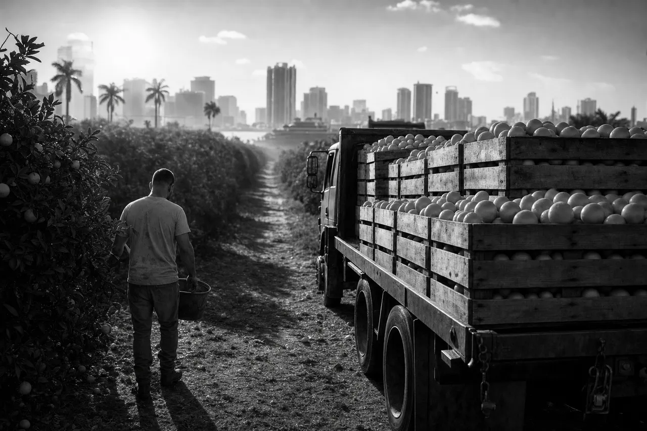 Black and white cinematic view of orange grove rows in morning haze with crates of oranges on a flatbed truck