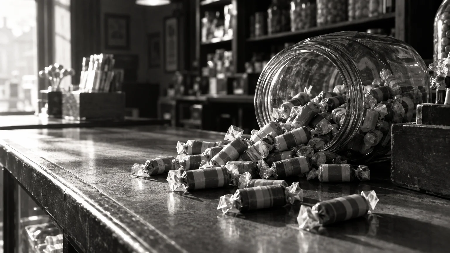 Black and white cinematic photograph of wrapped chewy chocolate candy rolls spilling from a jar on a shop counter