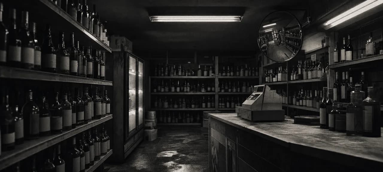 Black and white cinematic shot of a cramped liquor store interior at night with packed bottle shelves and a checkout counter
