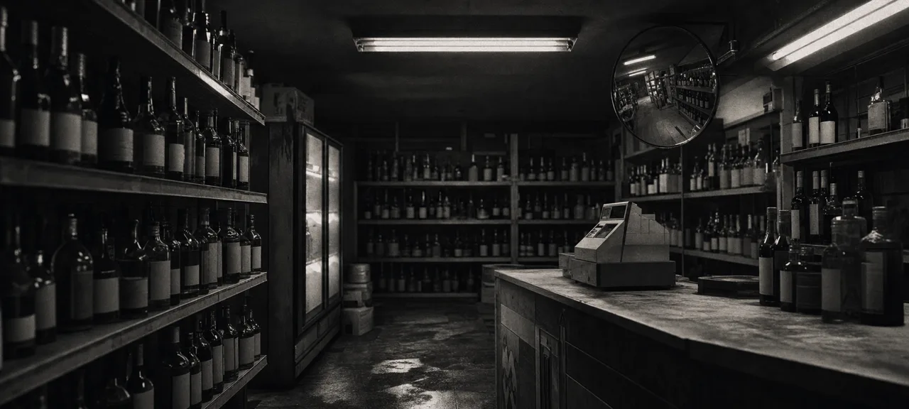 Black and white cinematic shot of a cramped liquor store interior at night with packed bottle shelves and a checkout counter