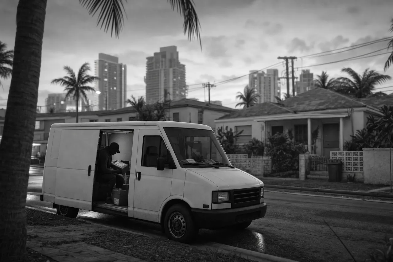 Black and white cinematic view of a plain mail van at a kerb with a driver silhouette sorting parcels inside