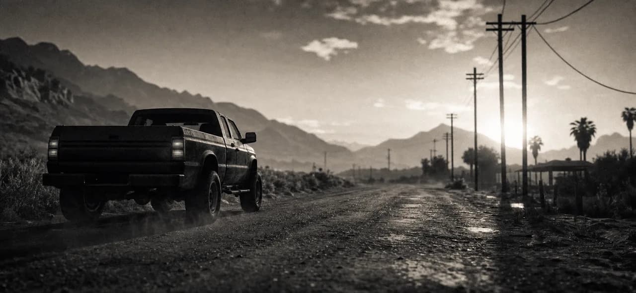 Black and white cinematic concept image of a rugged American pickup truck on a dusty rural highway