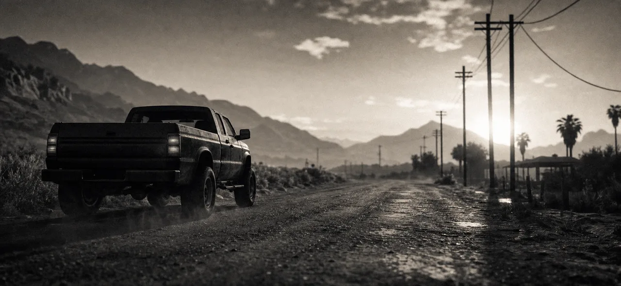 Black and white cinematic concept image of a rugged American pickup truck on a dusty rural highway